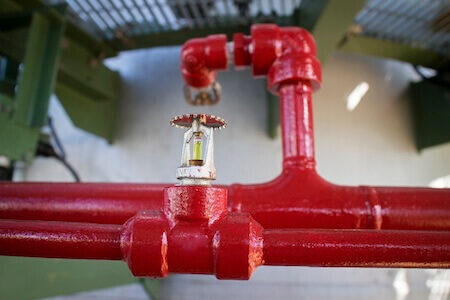Vue d'un gicleur et canalisation d'un système de protection incendie dans une usine pétrochimique